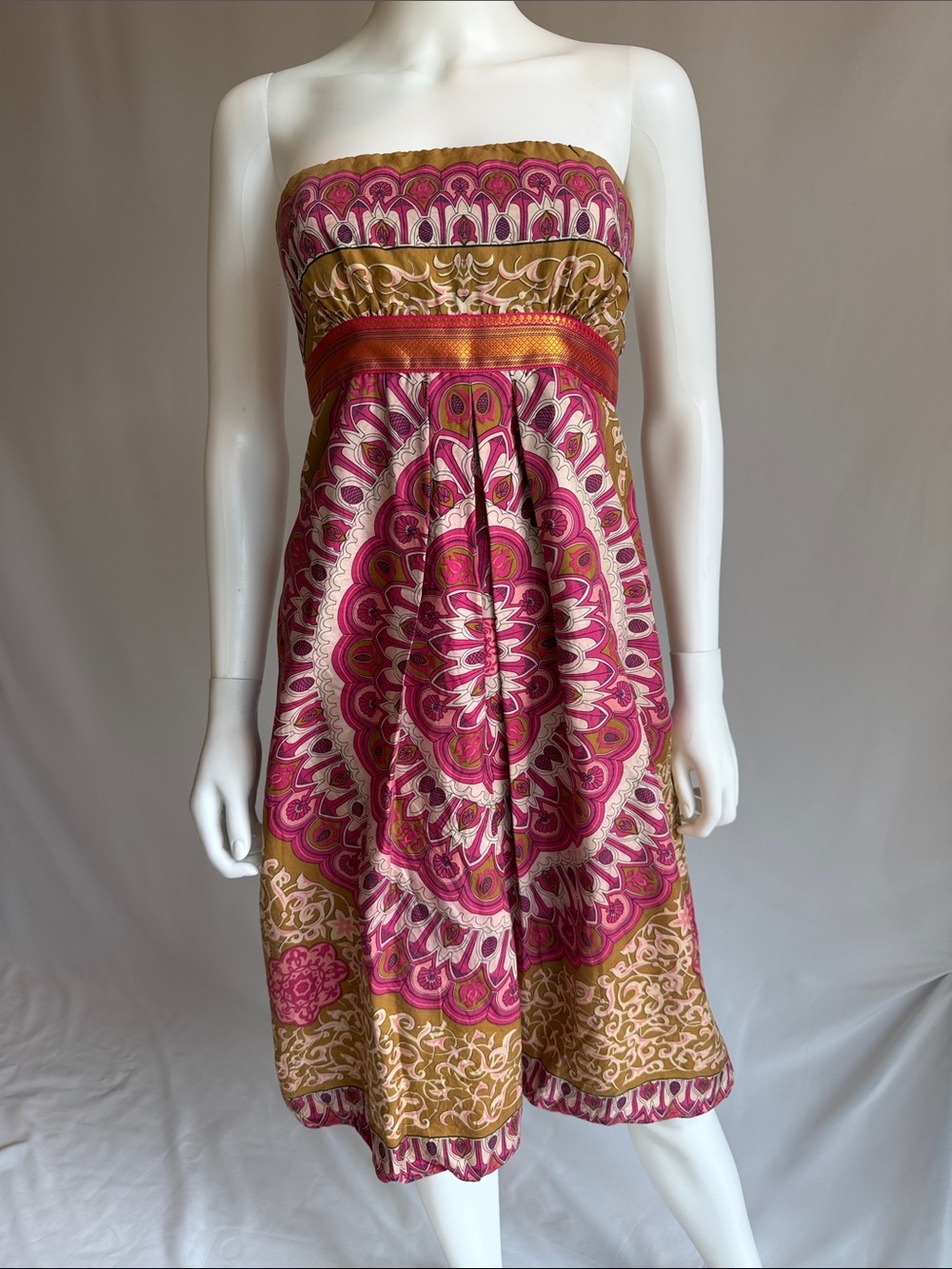Strapless Pink & Gold Printed Midi Dress